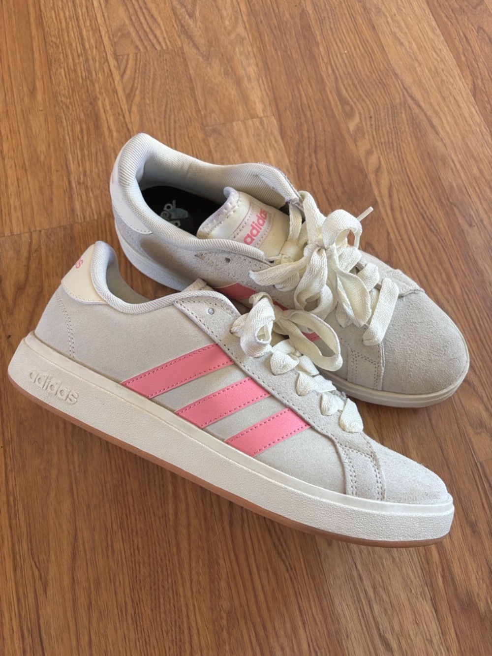 adidas Women's Cream Suede Sneakers with Pink Stripes